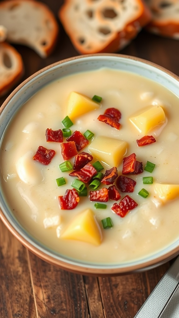 A bowl of creamy potato and bacon soup topped with crispy bacon and green onions, alongside a slice of bread on a wooden table.